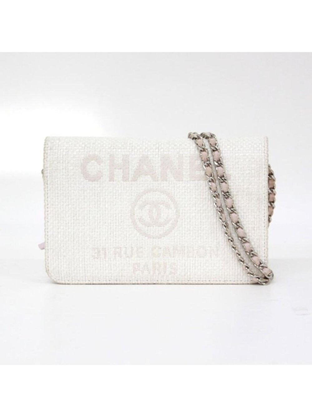 Chanel Deauville Chain Wallet Leather Straw Light Pink Shoulder Bag Silver